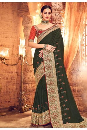 Olive green satin party wear saree  1908